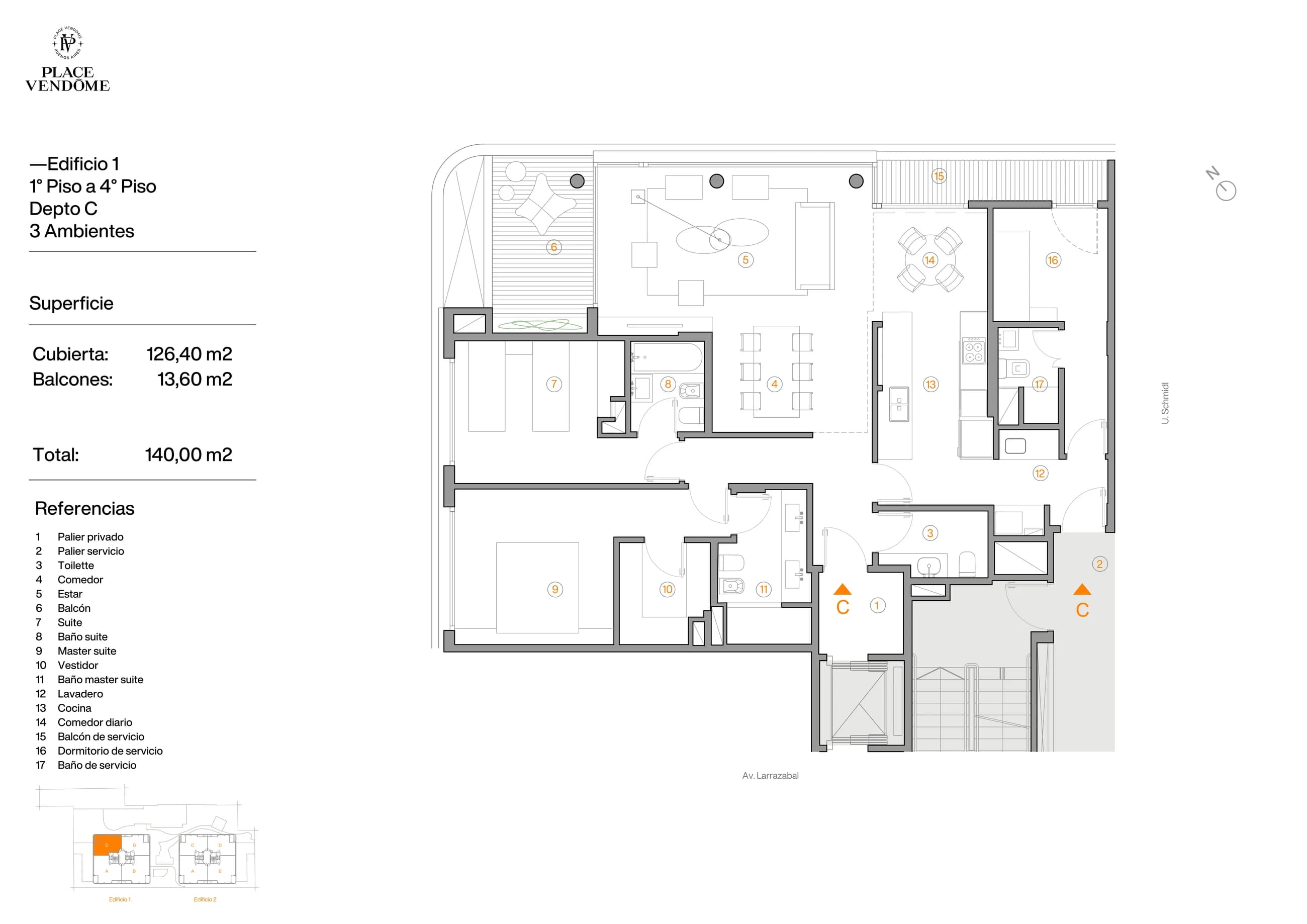 Plano de la tipología de 3 ambientes, pisos 1° a 4°