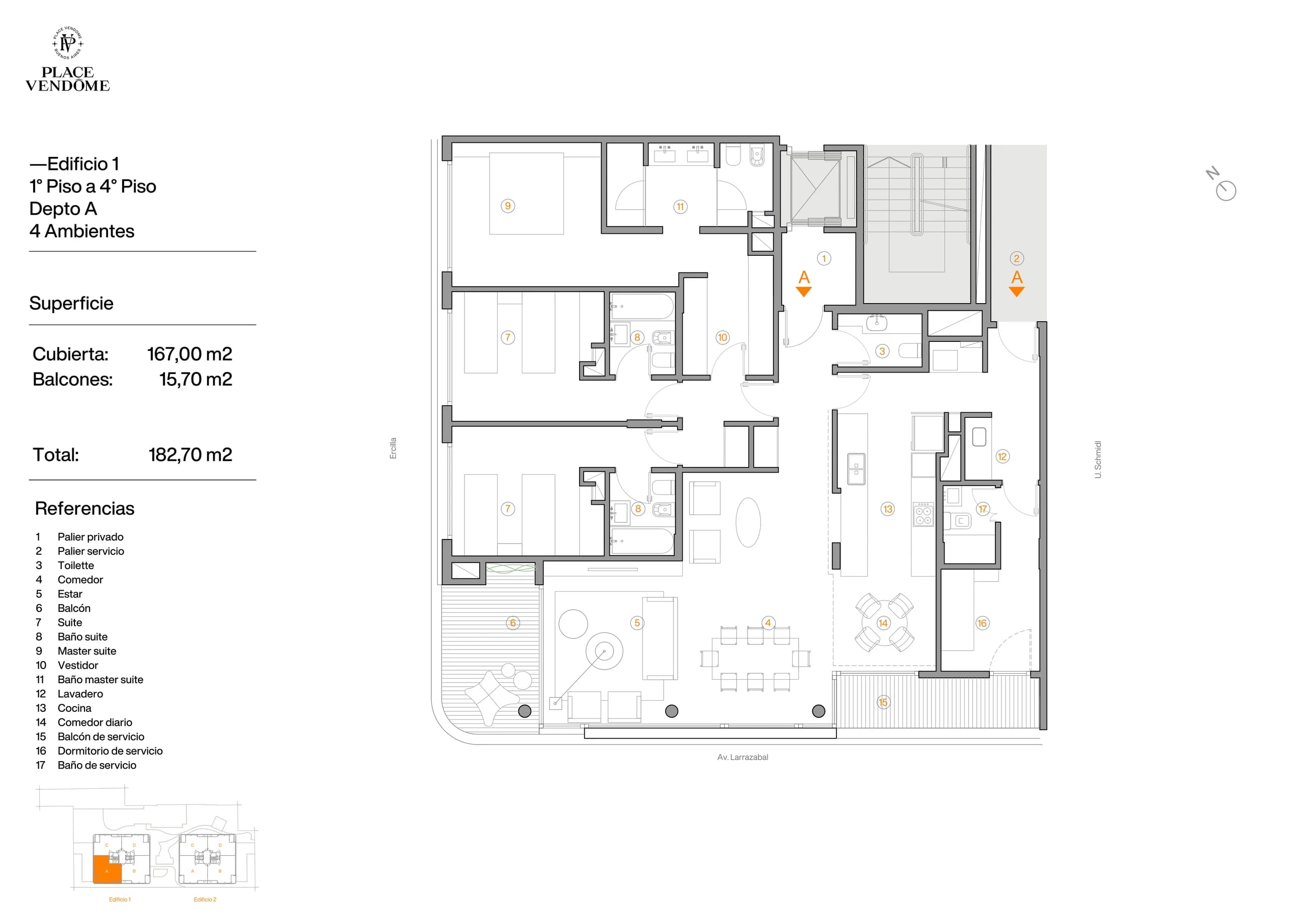 Plano de la tipología de 4 ambientes, pisos 1° a 4°