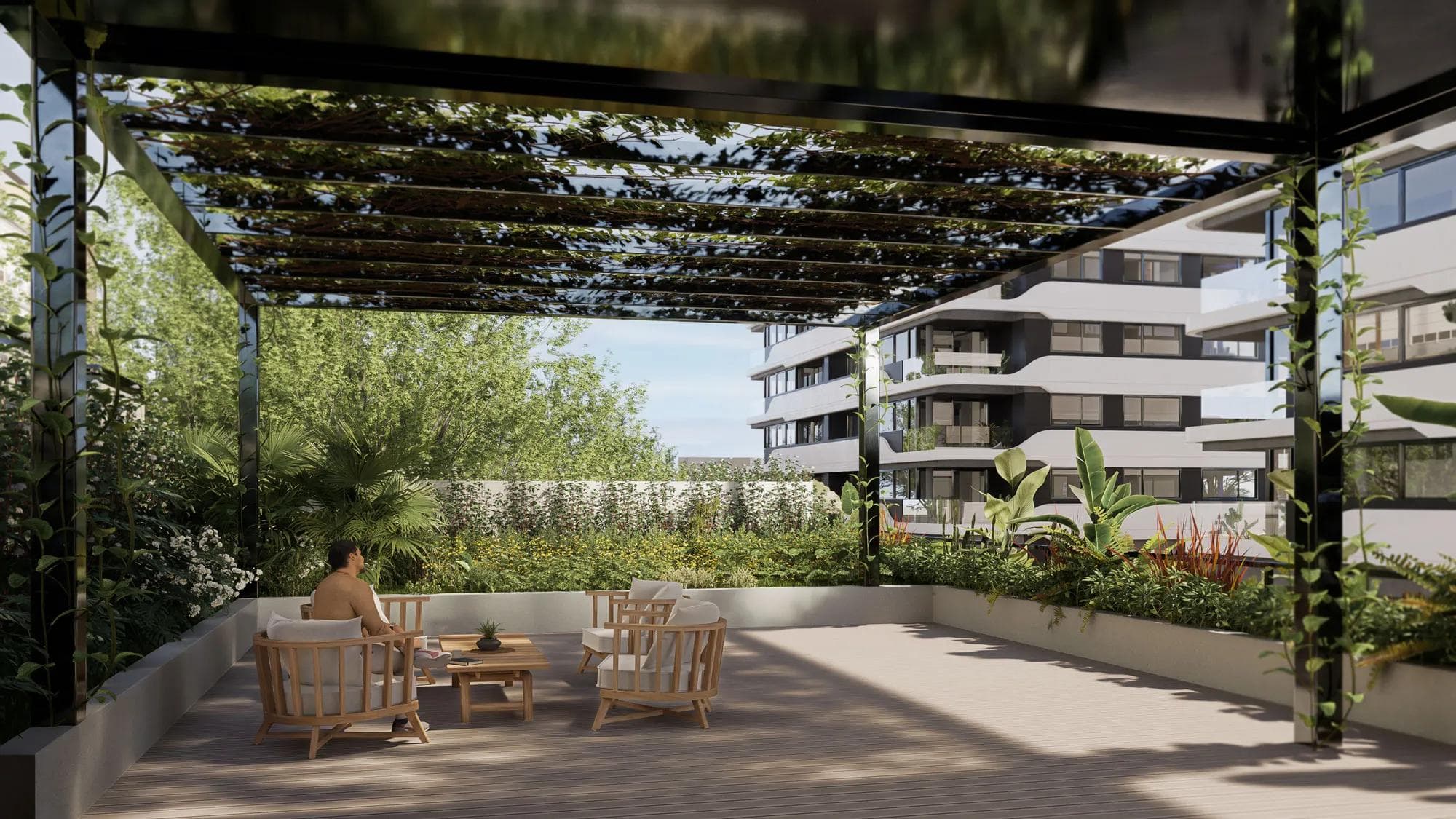 Pérgola con parrillas y espacios de estar
